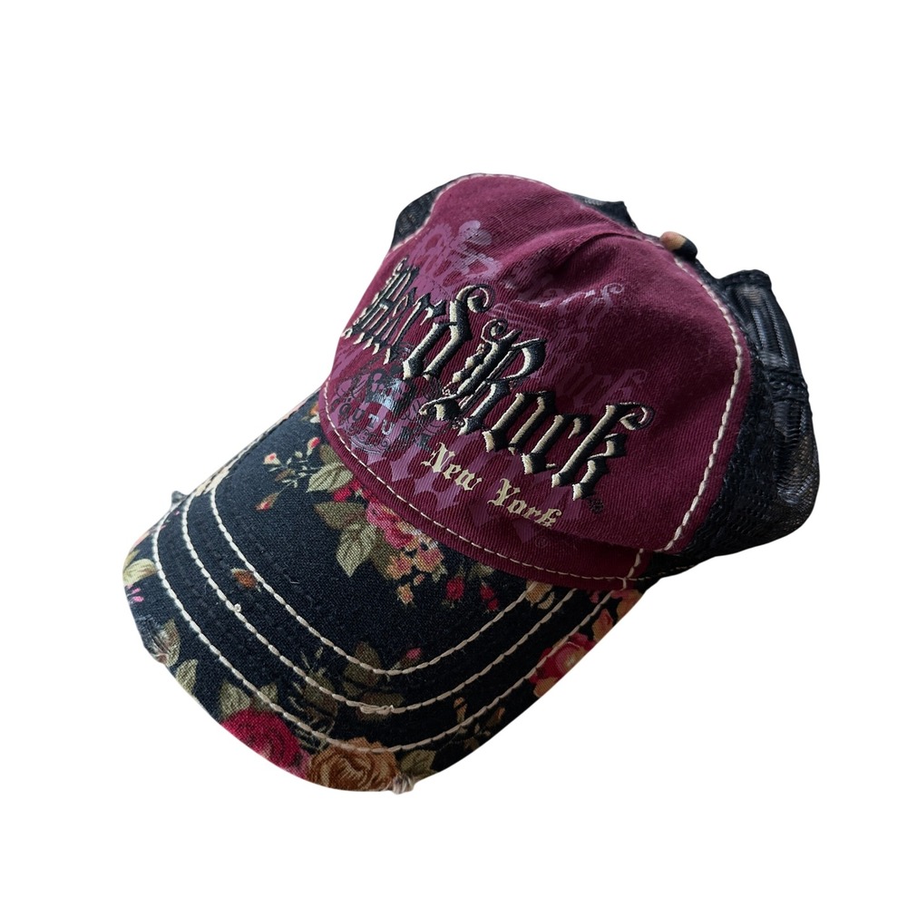 Womens Hard Rock Couture Trucker Hat Small Burgundy Floral New York Mesh Cap